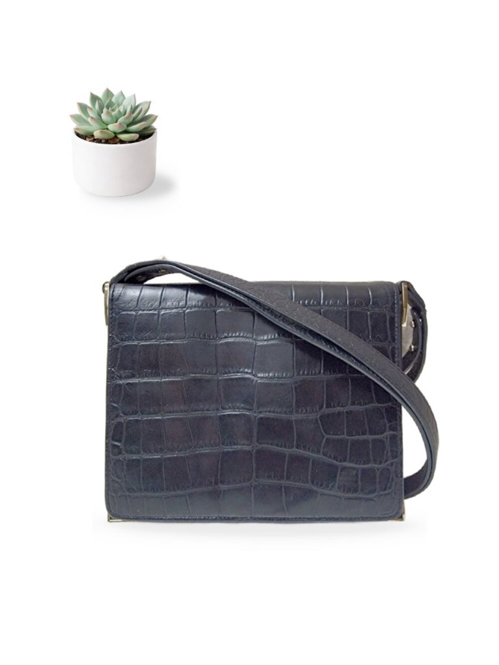 Loeffler Randall Croc Embossed Black Leather Convertible Crossbody Shoulder Bag
